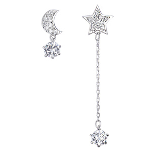 S925银耳坠不对称耳钉纯银耳环星星月亮长款耳饰森女学生小众设计