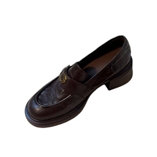 牛皮版~英伦风厚底乐福鞋女2025新款黑色金属扣圆头复古小皮鞋子