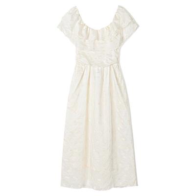 【清仓特价】复古一字肩满幅刺绣天丝荷叶边收腰连衣裙海边长裙