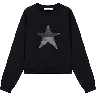 7AM10PM设计感星星贴布短款卫衣女 百搭黑色薄绒圆领卫衣加绒上衣