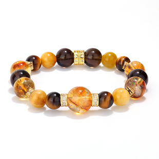 【大金霸】天然黄水晶金手链女男招财黄塔晶金虎眼石珠子串珠手串