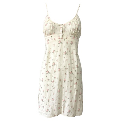 BM碎花V领纽扣系带吊带裙