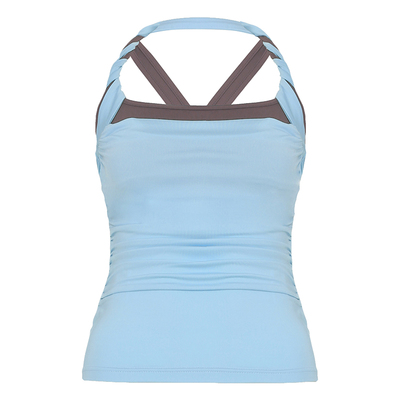 WEEKEEP 辣妹性感撞色假两件挂脖吊带背心百搭紧身收腰褶皱上衣