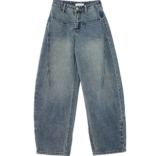 美式浅蓝色镰刀牛仔裤女2026新款高腰宽松香蕉裤弯刀裤拖地阔腿裤