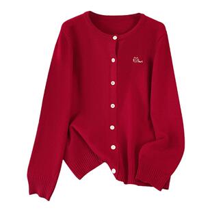 大码开衫毛衣女外套高级感针织红色上衣200斤加大加肥毛织外套春