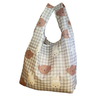 日系卡通米飞兔格子印花可折叠便携购物袋可爱小熊手拎环保收纳袋