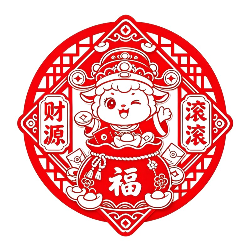 羊年财源滚滚窗花贴财神小羊福袋元宝中式春节自粘防水自粘装饰贴