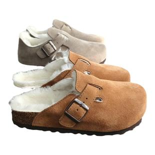 羊皮毛一体勃肯鞋全包头拖鞋女冬加绒牛皮软木厚底钓鱼半包拖博肯