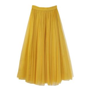 2025秋冬季新款纱裙高腰蓬蓬黄色半身裙子长裙女巨好看的冬裙半裙
