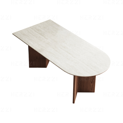 丰洞石岩板半圆形实木餐桌