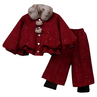女童小香风加绒加厚两件套秋冬季洋气毛领外套红色洋气新年拜年服