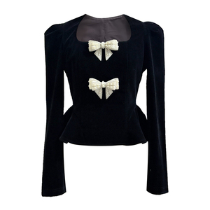 秋冬长袖内搭2025新款设计感法式千金风蝴蝶结黑色丝绒上衣女收腰