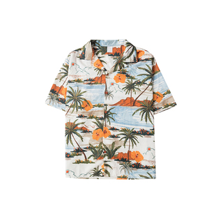 酷酷的椰子树短袖花衬衫穿上清爽的感觉百搭潮流复古衬衣男女情侣