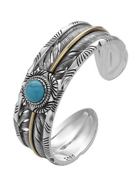 s925纯银日系复古个性老鹰手镯潮男印第安风羽毛飞鸟开口手环男士