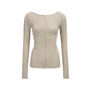 [GINGER]4muggle卡其色V领烫钻贝母扣打底衫一字肩长袖气质上衣女