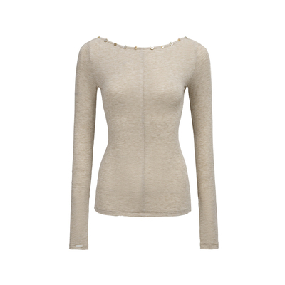 4muggle卡其色烫钻一字肩打底衫