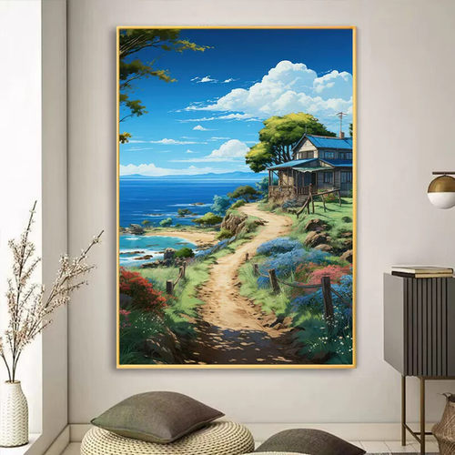 日式动漫宫崎骏风海边蓝天白云装饰画入户门玄关挂画客厅风景壁画