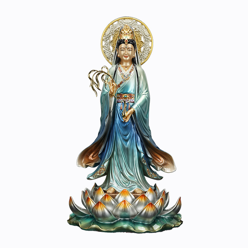 铜雕彩绘南海观音佛像家用摆件