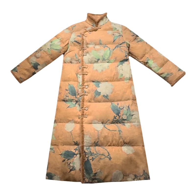 复古桑蚕丝长款立领纯手工羽绒服