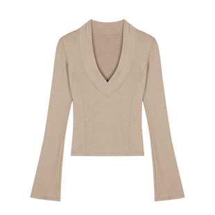 2025开春秋冬季性感v领长袖正肩磨毛修身内搭加厚低领打底衫T恤女