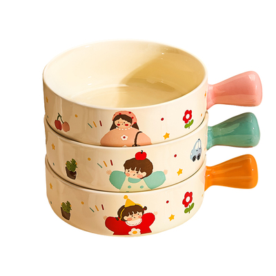 一家三口手柄碗陶瓷家用可爱烤碗高颜值带把手碗泡面碗水果沙拉碗