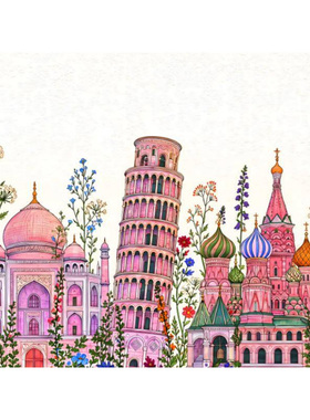 世界建筑插画艺术装饰透明窗边贴