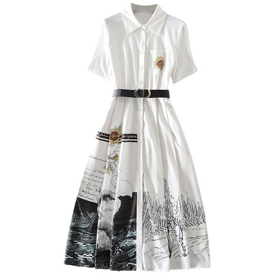 夏季新款A字裙印花腰带连衣裙