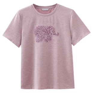 水云间粉色钉珠短袖T恤女大象珠片刺绣正肩上衣简约时尚通勤2026