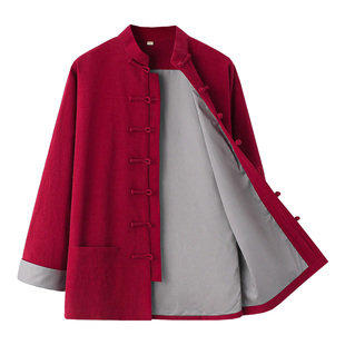 中国风唐装男中老年中式服装传统复古风老北京连肩袖秋季棉麻外套