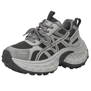 千百度加绒老爹鞋女款松糕拼色新款系带网面厚底增高运动休闲鞋