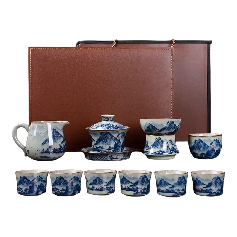 高档青花山水老陶泥功夫茶具套装