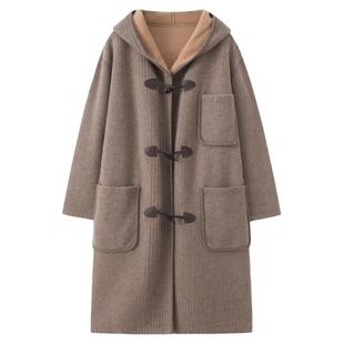 阿绒源100山羊绒带帽女大衣咖色连帽翻花牛角扣宽松外穿中长款潮
