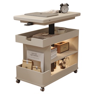 奶油风小户型客厅沙发边柜可移动小推车边几多功能可升降折叠茶几