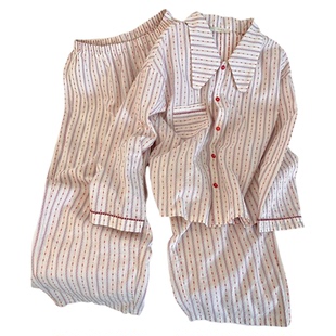 条纹睡衣女款春秋季长袖套装纯棉可爱卡通简约纱布学生家居服套装