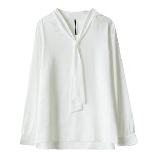 LIMONN秋冬通勤V领白色雪纺衬衫女垂感飘带衬衣面试职业长袖上衣