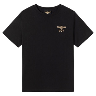 BOYLONDON黑色简约老鹰烫钻纯棉短袖2026春夏新款男女T恤N01060