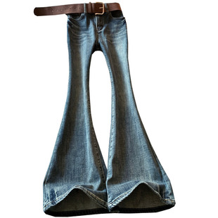 复古蓝色猫须微喇叭牛仔裤女冬季加绒高腰蜜桃臀显瘦修身马蹄长裤