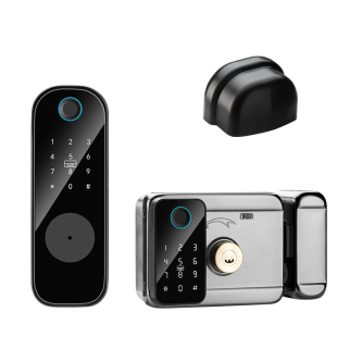 免布线铁门庭院门防水双面指纹锁电控锁户外遥控密码锁老式牛头锁
