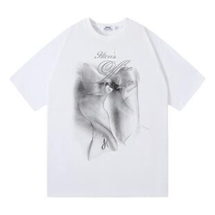 HTCU 缇娜 法式复古虚幻蝴蝶结短袖印花夏季T恤oversize女宽松