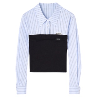 H·GENTEEL荷高2026春新款粘纤针织拼接棉蓝白竖条纹长袖衬衫上衣