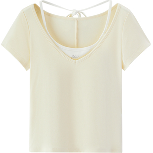 森马短袖T恤女夏季短款挂脖V领假两件蝴蝶结紧身烫钻2026新款上衣