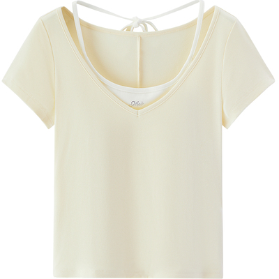 森马挂脖V领假两件短款短袖T恤女