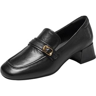 意尔康女鞋春秋季真皮乐福鞋面试粗跟通勤小皮鞋羊皮单鞋软面