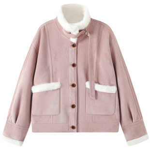 慕兔粉色立领仿麂皮外套女2025冬季新款加绒加厚皮毛一体夹克上衣