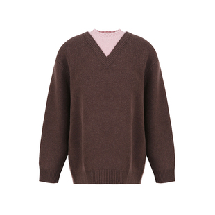 范洛Fano 质感100%绵羊毛可露丽配色撞色假两件套头毛衣女上衣冬