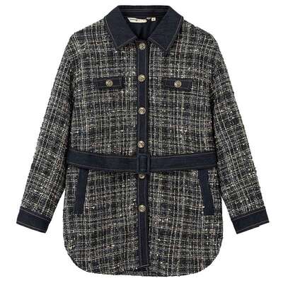 布景格纹牛仔布拼接中长款外套