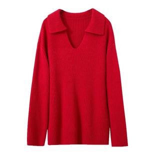 Amii法式慵懒风毛衣女2025冬新款宽松休闲小衫翻领V领落肩袖上衣