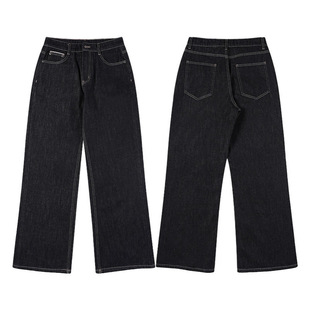 美式赤耳原牛加绒加厚黑色微喇牛仔裤男宽松高街直筒cleanfit裤子