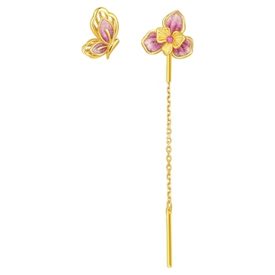 潮宏基花韵黄18K金耳饰彩金耳线耳坠蝴蝶鸢尾花鎏彩情人节礼物女