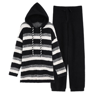 都市丽人睡衣男款冬季加厚保暖居家服黑白条纹连帽睡衣男2025新款